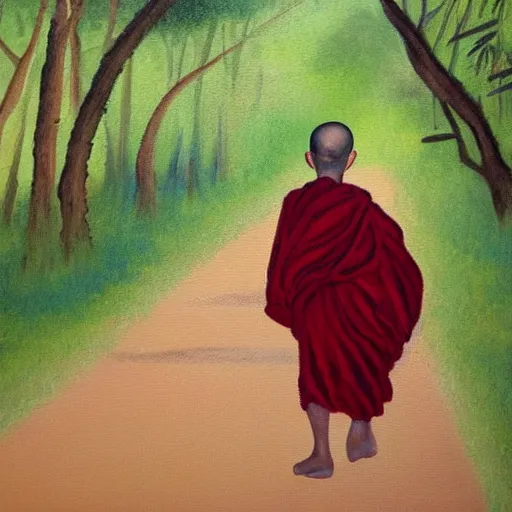 Image similar to fuzzy painting of a young buddhist monk walking down a narrow road in jungle early morning