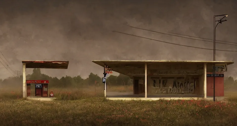 Prompt: Old abandoned gas stations on the side of the road to nowhere, evil, demonic, enchanting, misty, haze, cloudy, angelic, flowers, nature, environment concept, cinematic, cgsociety, dim and dark lighting, cinematic, intricate details, 8k detail post processing, hyperealistic, photo realism, by Edward Hopper