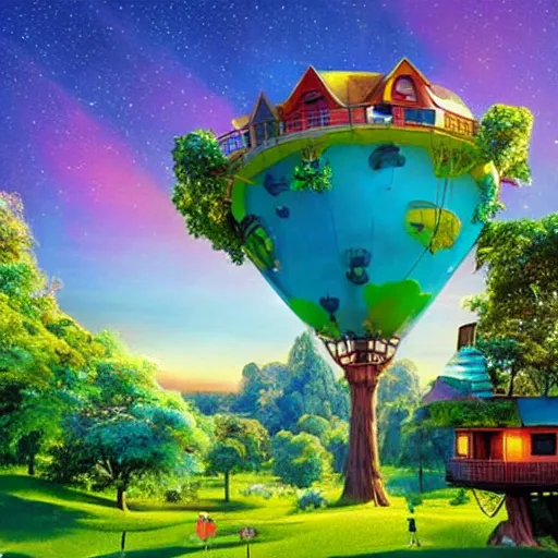 Prompt: Treehouse from the Pixar movie Up, solar, bright sky, vivid colors, beautiful