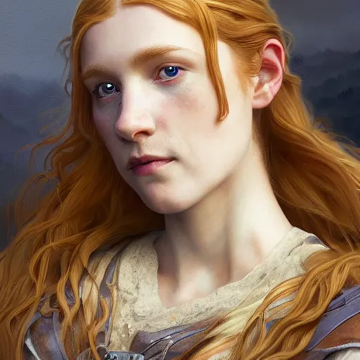 Image similar to epic portrait, an female viking medic, glossy lips, pretty, long ginger hair, puppy eyes, digital painting, artstation, concept art, soft light, hdri, smooth, sharp focus, illustration, fantasy, intricate, elegant, highly detailed, D&D, matte painting, in the style of Greg Rutkowski and Alphonse Mucha and artemisia, 8k,