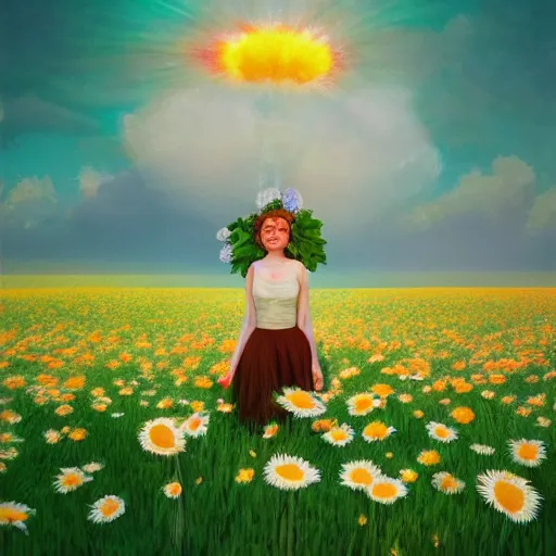 Image similar to full body daisy flower head, girl standing in a flower field, head hidden behind the huge daisy flower, surreal photography, sunrise, dramatic light, impressionist painting, colorful clouds, digital painting, artstation, simon stalenhag