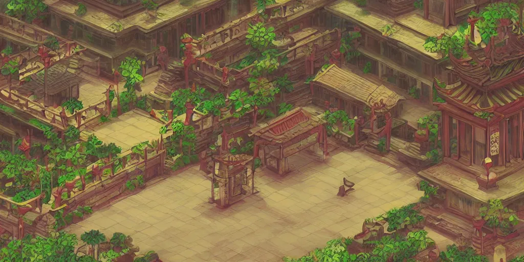 Prompt: vietnamese temple scene, 2 d game art background, level design, muted colors, in style of lam manh