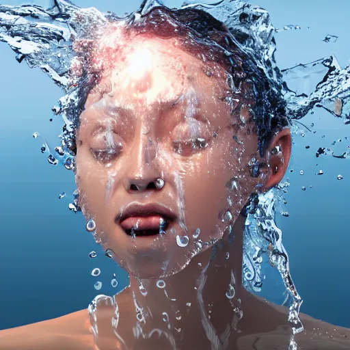 Image similar to water splashes forming a shape of a human head, ray tracing, realistic water sharp focus, long shot, 8 k resolution, cinematic