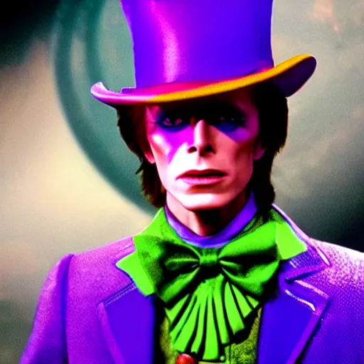 Image similar to stunning awe inspiring David Bowie as Willy Wonka 8k hdr movie still amazing lighting