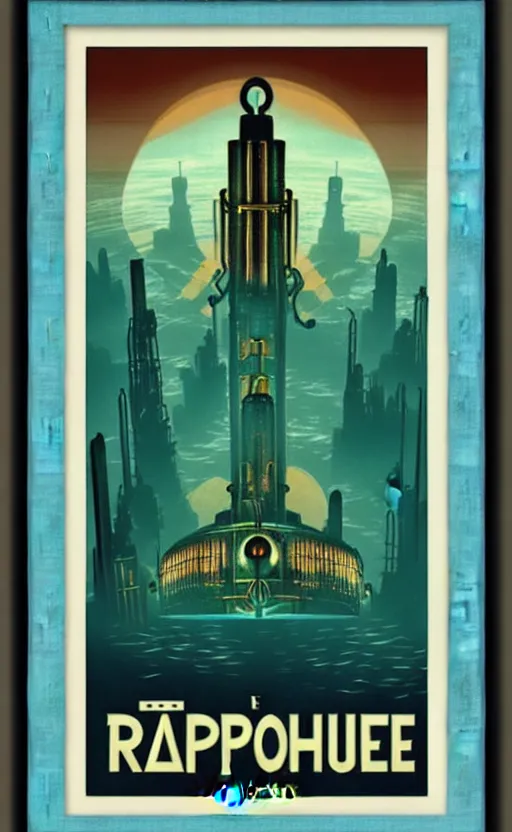 Prompt: art deco travel poster of the underwater city of rapture from bioshock, framed poster