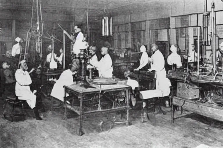 Prompt: historical photograph of mad!!! scientists inventing a new color