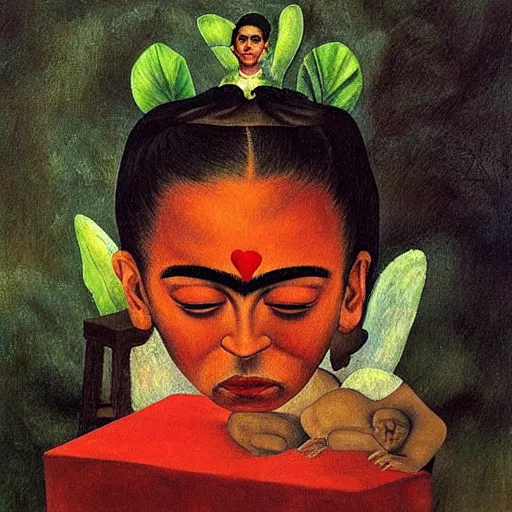 Image similar to Angel crying on top of a red cube made out of water, tears falling from eyes, oil painting by Frida Kahlo