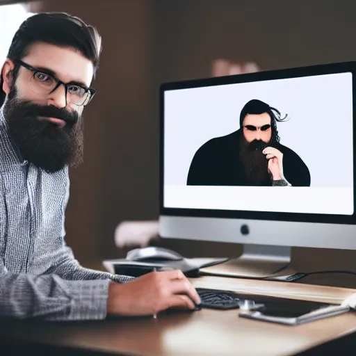 Prompt: dark-haired man with beard using desktop computer