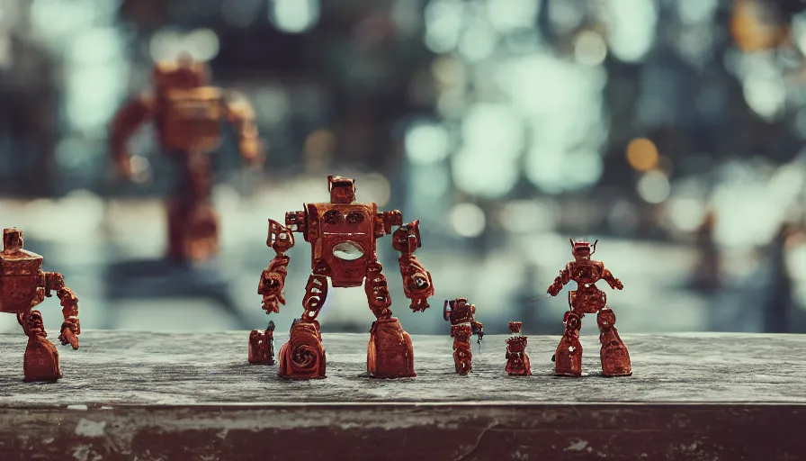 Prompt: miniature figurines of giant rusty robots on an old metal table, HD 8K, depth of field, fstop 1.2, bokeh, dynamic lighting, 50mm lens, 1970s kodak film