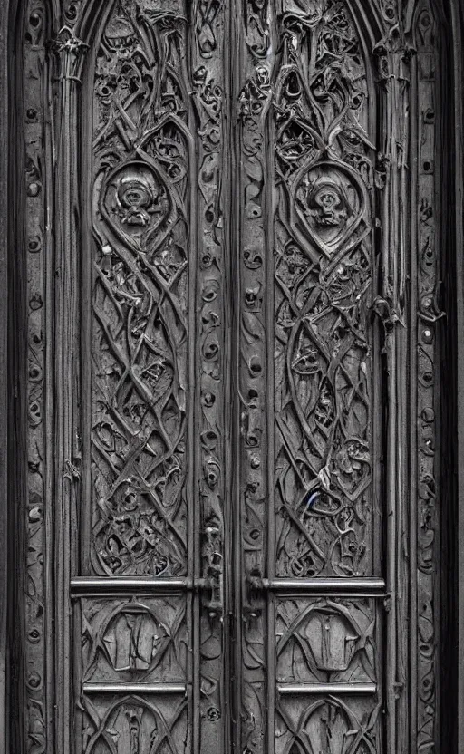 Image similar to door with carved sinister face head. cast iron. gothic medieval baroque. symmetry. epic. ominous shapes. hyper detailed. photoreal