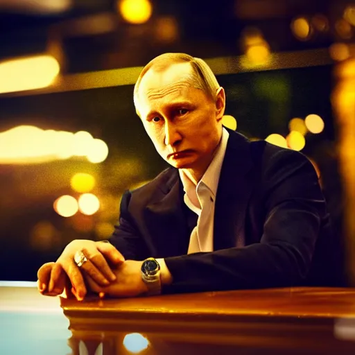 Image similar to a selfie of person looking like vladimir putin sitting on bar, hand on table, rolex watches, taken in night club, blur background, style like real photo