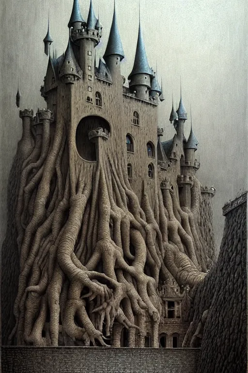 Image similar to a hyperrealistic painting of a giant creature devouring a beautiful fantasy castle, by john kenn mortensen and zdzislaw beksinski, highly detailed, vivid color,