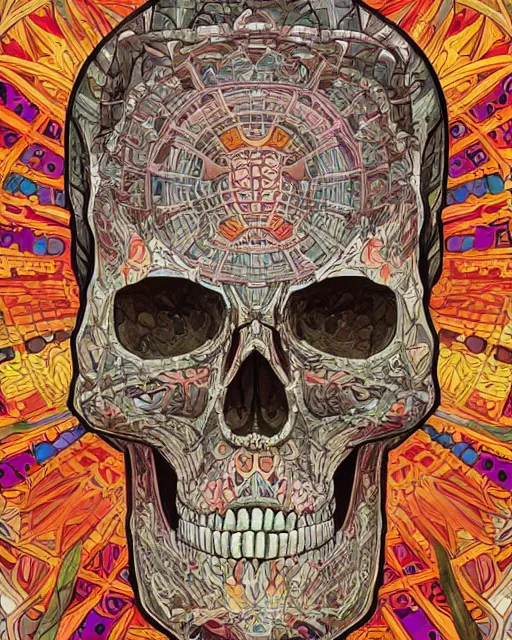 Prompt: skull carving art surrounded by varities of superhot chili peppers, cell shading, voronoi, fibonacci sequence, sacred geometry by Alphonse Mucha, Moebius, hiroshi yoshida, Art Nouveau, colorful, ultradetailed, vivid colour, 3d