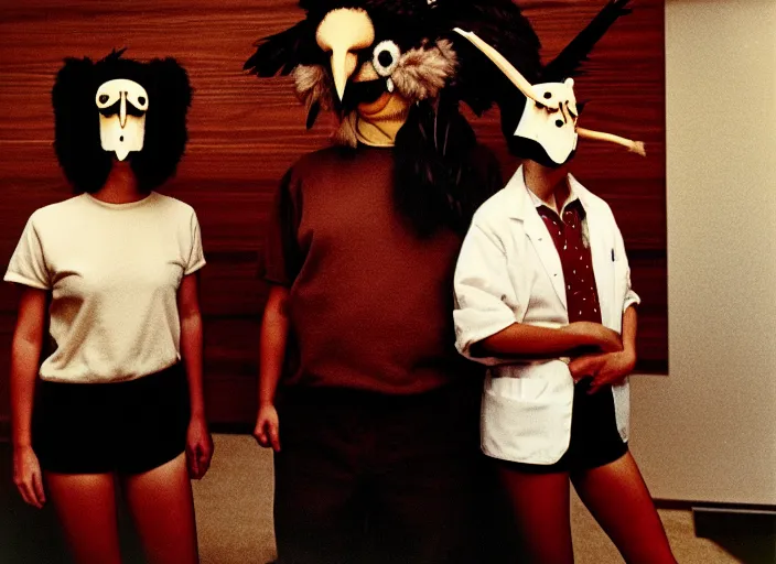 Prompt: realistic photo portrait of the team, brown mustard cotton fluffy shorts, crow mask face, wooden polished and fancy expensive wooden science laboratory hall interior 1 9 9 0, life magazine reportage photo, twin peaks by david lynch