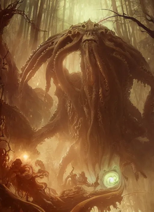 Image similar to my bed is a forest with a giant cthulhu eyes horror by gaston bussiere, anna nikonova aka newmilky, greg rutkowski, yoji shinkawa, yoshitaka amano, moebius, donato giancola, geoffroy thoorens, trending on artstation, featured on pixiv, cinematic composition