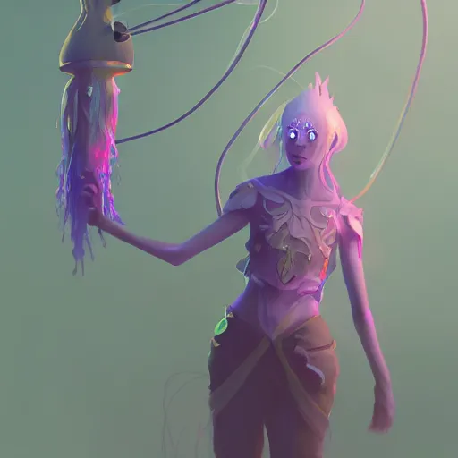 Image similar to magical jellyfish on a wizards staff, glowing luminescent jellyfish spear, concept art, artstation, moods by beeple, wlop, and greg rutkowksi