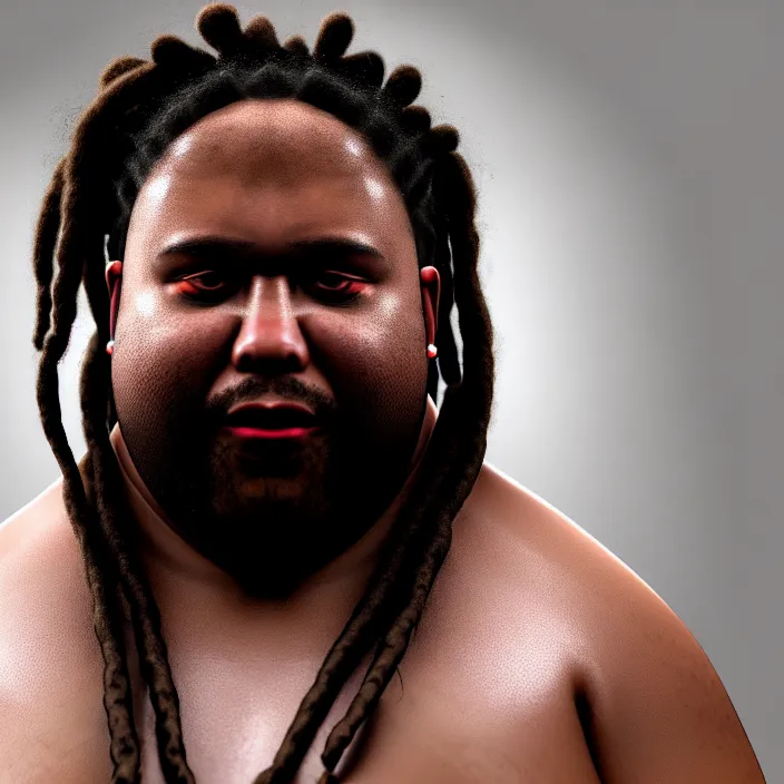 Image similar to hyperrealistic mixed media portrait of an overweight black man with dreads wearing a gi, doing martial arts, 8 k octane beautifully detailed render, post - processing, extremely hyperdetailed, trending on artstation