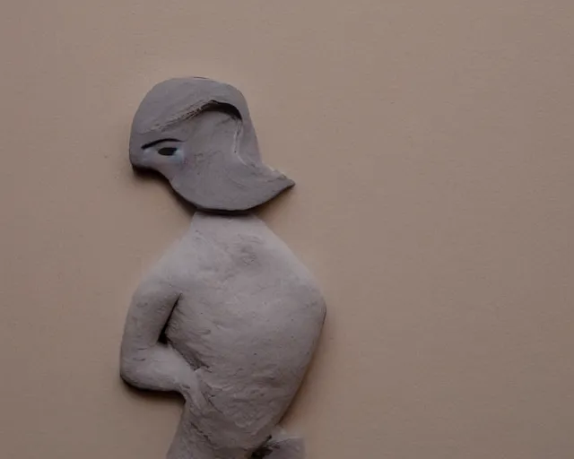 Prompt: an ancient effigy of an anthromorphic bird, clay sculpture, photograph, zoomed out