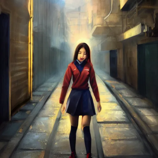 Image similar to a perfect, realistic professional oil painting of a Japanese schoolgirl posing in a dystopian alleyway, style of Marvel, full length, by a professional American senior artist on ArtStation, a high-quality hollywood-style concept