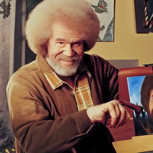 Prompt: bob ross painting with a knife