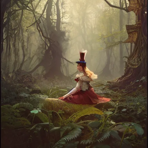 Image similar to alice in wonderland, surreal forest background, dramatic lighting, high detail, painted, by greg rutkowski, painted by stanley artgerm, painted by alphonse mucha, trending on artstation