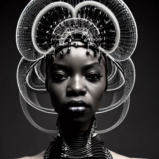 Image similar to portrait of an absurdly beautiful, graceful, sophisticated, fashionable black cyberpunk mechanoid gravure idol, hyperdetailed illustration by irakli nadar, maria borges, matt wisniewski style, intricate linework, dark black skin, neon jellyfish headdress, ivory carved ruff, unreal engine 5 highly rendered, global illumination, radiant light, detailed and intricate environment