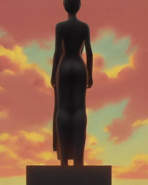 Image similar to a painting of a woman standing in front of a statue, a screenshot by stanley twardowicz, cgsociety, aestheticism, aesthetic, vaporwave, anime aesthetic