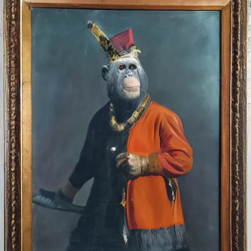 Image similar to An exquisite oil painting of a chimpanzee dressed like the DUke of Wellington with a traffic cone on his head