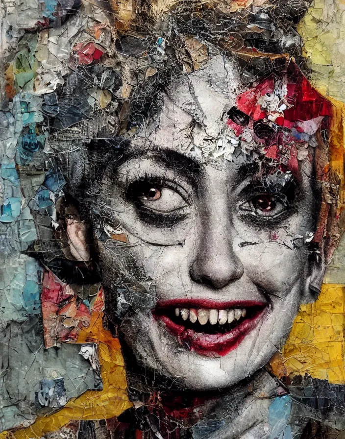 Prompt: laughing nihilist detailed analogue mixed media collage with canvas texture in style of contemporary art, punk art, hyperrealistic beautiful face, photorealistic, expressionism, masterpiece, perfect composition, spectacular quality, intricate oil details, torn paper edges, glass