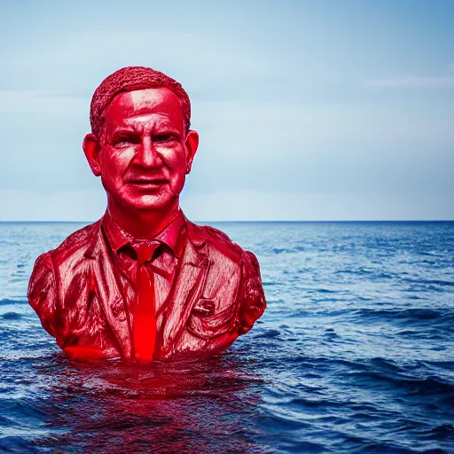 Prompt: a giant human head sculpture in the sea made out of juicy and transparent red jelly, looking like benjamin netanyahu, long shot, hyper detailed, hyper realistic, ray tracing, 8 k resolution, sharp focus, realistic water, award winning