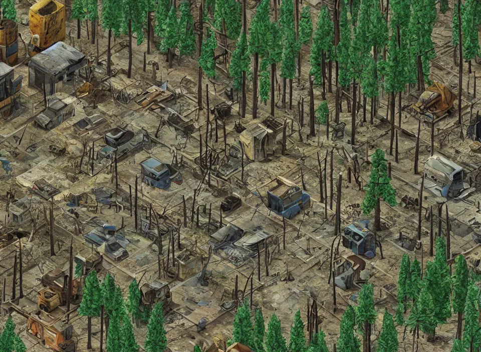 Image similar to Screenshot of the outside of an diseased pine forest in Fallout 2 (1998), isometric perspective, postapocalyptic, bird's eye view, prerendered isometric graphics, high quality