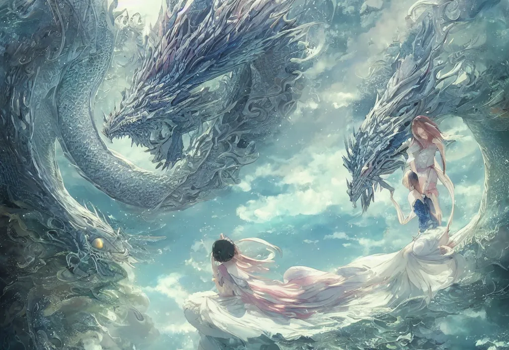 Image similar to the beautiful hyper detailed scene render that a lonely single beautiful girl lies in the arms of a huge silver dragon alone in the fairyland surrounded by white clouds, in the style of makoto shinkai victo ngai and peter mohrbacher studio ghibli artgerm karol bak beeple, cinematic, beautiful dream, ultra wide angle, animation style, 8 k hd