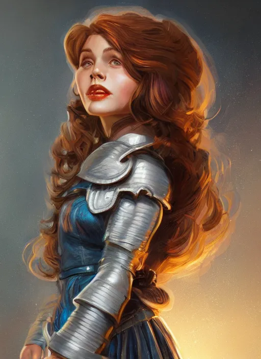 Prompt: three quarters portrait of a beautiful female Dorothy gale, full body, armor, super powers, fantasy, intricate, elegant, highly detailed, digital painting, artstation, concept art, shining, sharp focus, illustration, art by stanley lau