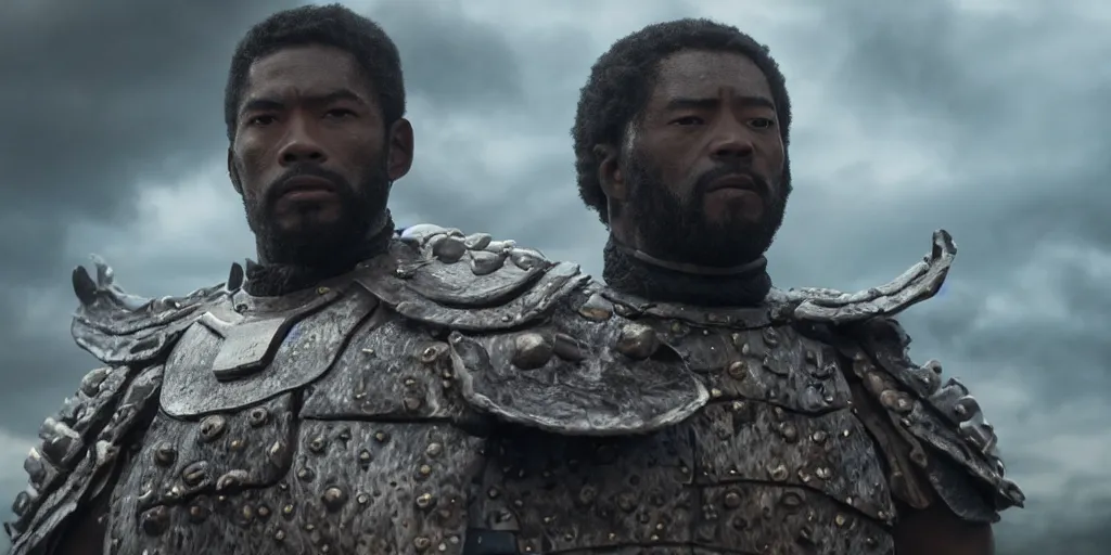 Image similar to a film still of a black man starring in a japanese blockbuster film as ancient samurai, battling against alien creatures, shallow depth of field, cinematic, award winning cgi, vfx, film still