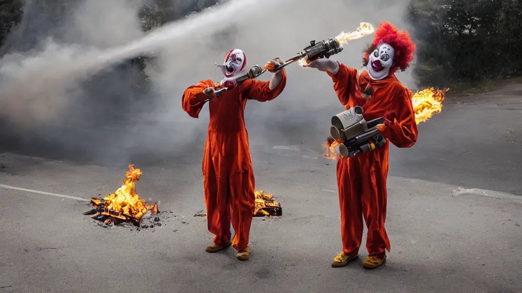 Image similar to photo of a clown using a flamethrower. In the background there is a dumpster fire. award-winning, highly-detailed, 8K