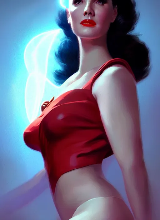 Image similar to portrait of 1 9 5 0 s darna, young jennifer connelly, intricate, elegant, glowing lights, highly detailed, digital painting, artstation, glamor pose, concept art, smooth, sharp focus, illustration, art by wlop, mars ravelo and greg rutkowski