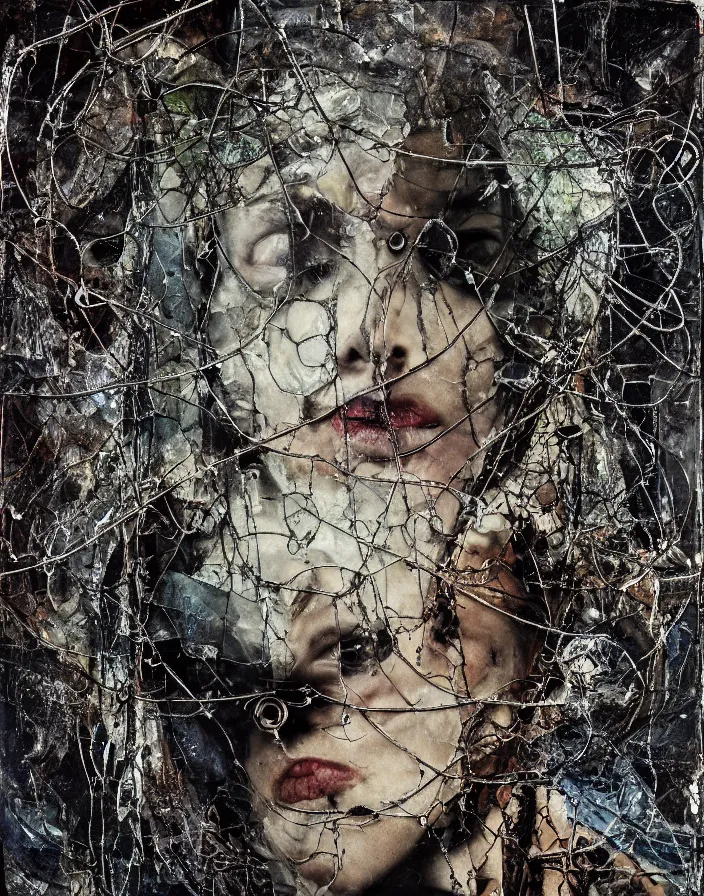 Prompt: chained and locked depravity, mixed media collage, assemblage, photomontage, oil painting, minimalist, contemporary art, punk art, photorealistic, portrait, expressionism, masterpiece, dynamic composition, spectacular quality, intricate details, shattered glass texture, chains, smoke, water, light vibrant