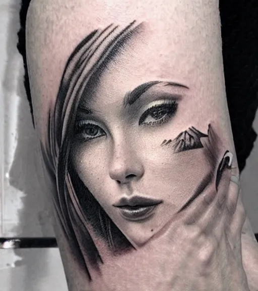 Image similar to tattoo design sketch of a beautiful woman face with a faded background of beautiful mountains and nature on her side, hyper - realistic, in the style of den yakovlev, amazing detail, black and white