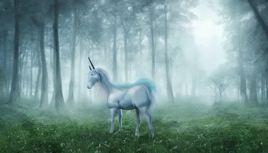 Image similar to A unicorn made out of balloons floats lonely through a dark foggy Forest, Digital Art, Photorealism, Hyper Realistic, Hyperdetailed, Movie Screenshot, iMAX Quality