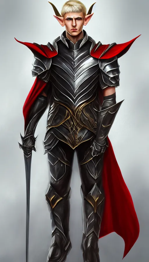 Image similar to A medium shot portrait of a male elf, he is about 20 years old, attractive, lean but muscular, serious composure, short silver hair, prideful look, he is wearing black heavy armor with gold plating and a red cape, highly detailed portrait, digital painting, ArtStation, concept art, smooth, sharp focus illustration