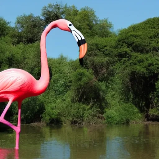 Image similar to photo of giant flamingo bigger than an elephant,