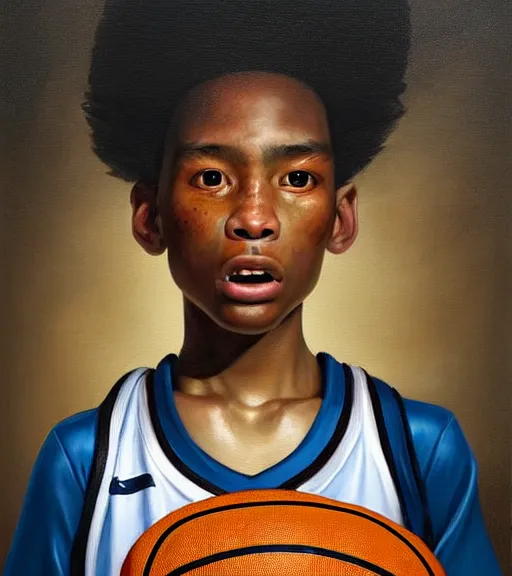 Image similar to portrait of a boy at a basketball court playing basketball wearing a basketball uniform in a basketball court standing near the basketball hoop, painted in 1776, intense emotion, detailed facial expression, detailed surroundings, intricate, elegant, highly detailed, centered, digital painting, artstation, concept art, smooth, sharp focus, illustration, by (Peter Mohrbacher), WLOP