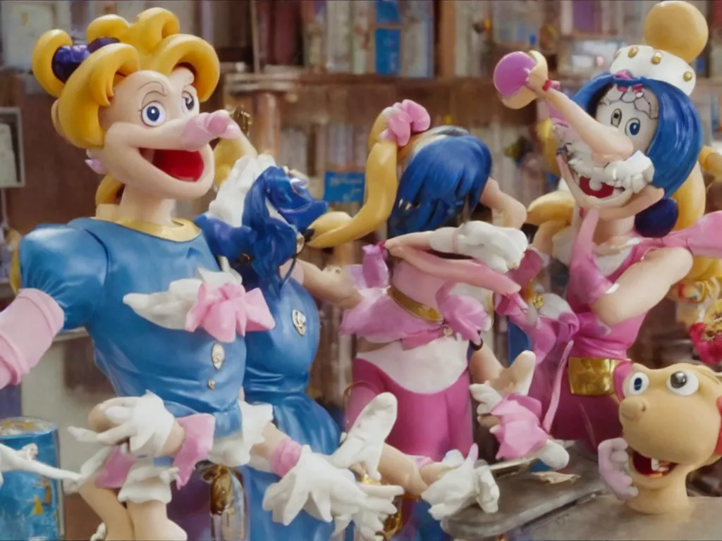 Image similar to Sailor Moon in Wallace and Gromit, close-up of the panic scene, sheer terror and desperation