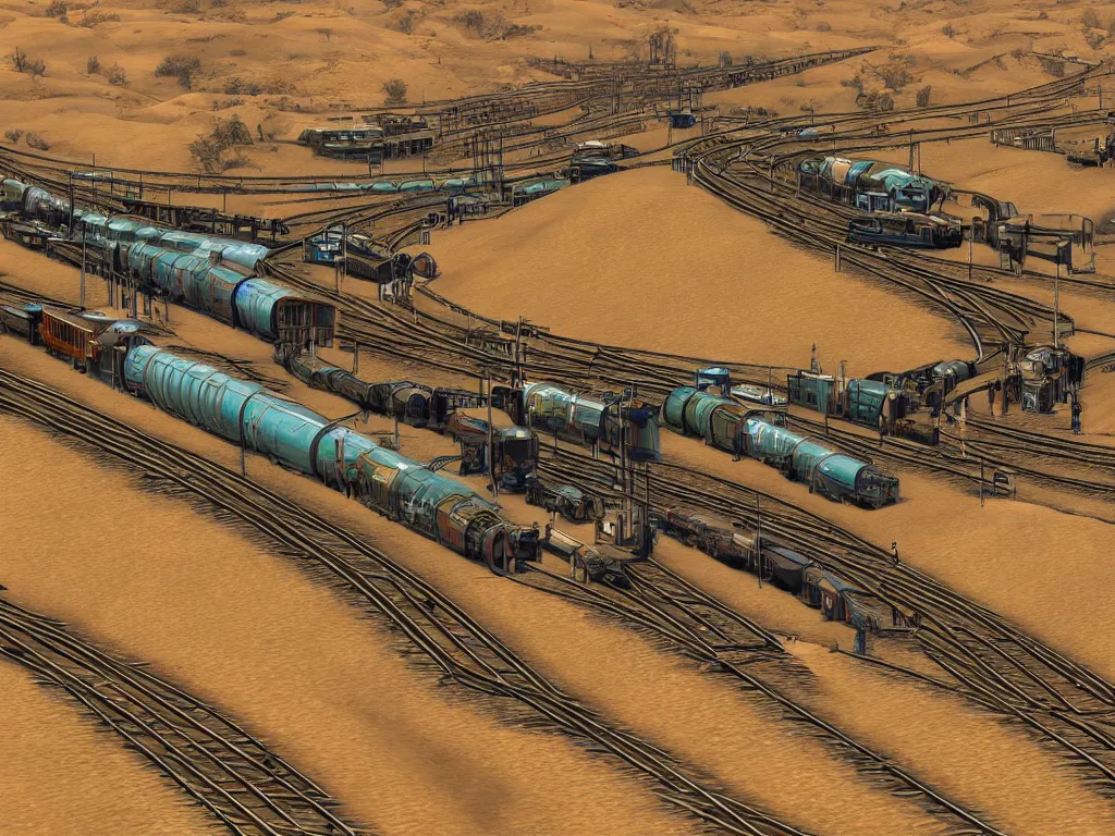 Prompt: train line with water wagons along gigantic pipelines in desert, stylised, artstation