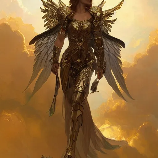 Prompt: A beautiful and fierce angel wearing fancy metallic battle armor and wings among heavenly clouds, intricate, elegant, highly detailed, digital painting, artstation, concept art, smooth, sharp focus, illustration, art by artgerm and greg rutkowski and alphonse mucha