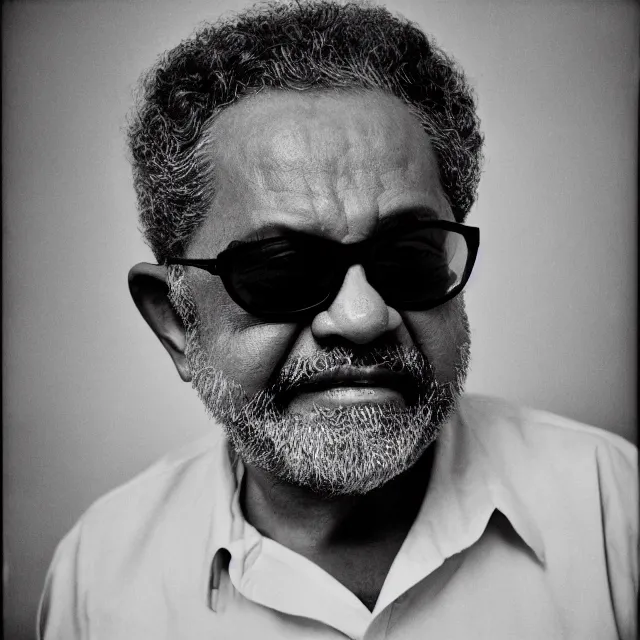 Prompt: a black and white studio portrait of Luiz Inácio Lula da Silva Lula wearing sunglasses. Tri-X art photography.