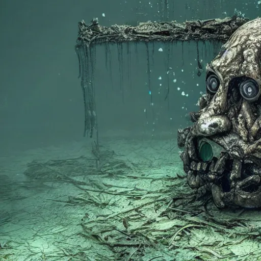Prompt: A hyperdetailed photograph of a damaged and withered animatronic submerged under the water, HD, 8K resolution