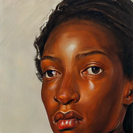 Image similar to high quality high detail painting by lucian freud, hd, portrait of a black girl, photorealistic lighting