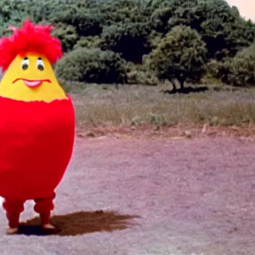 Prompt: film still of the rock in a tomato costume