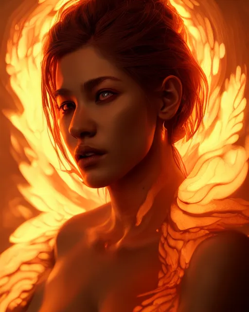 Image similar to Beautiful art portrait of fire elemental woman, atmospheric lighting, intricate detail, cgsociety, hyperrealistic, octane render, RPG portrait, ambient light, dynamic lighting